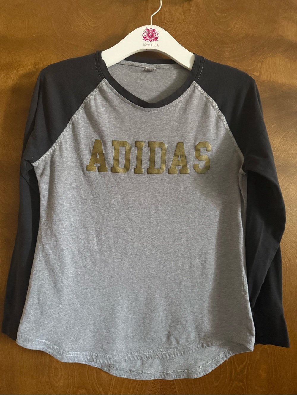 adidas Gray + Black Long Sleeve Raglan Tee with Gold Logo